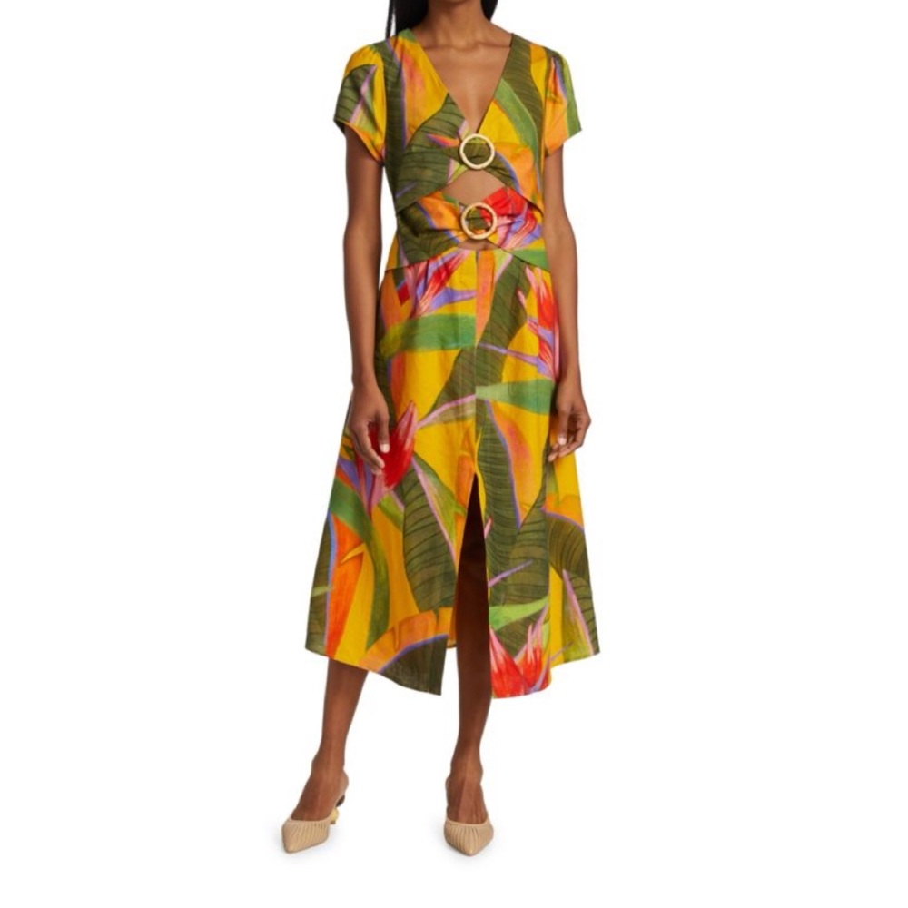 EUC Farm Rio Yellow Garden Midi Dress